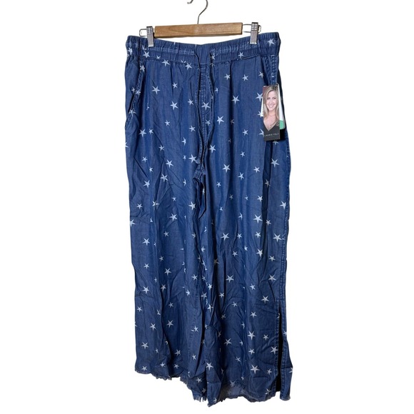 New Laurie Felt Pants Women M Blue Wide Leg Cropped Stars Drawstring Lyocell - Picture 2 of 13